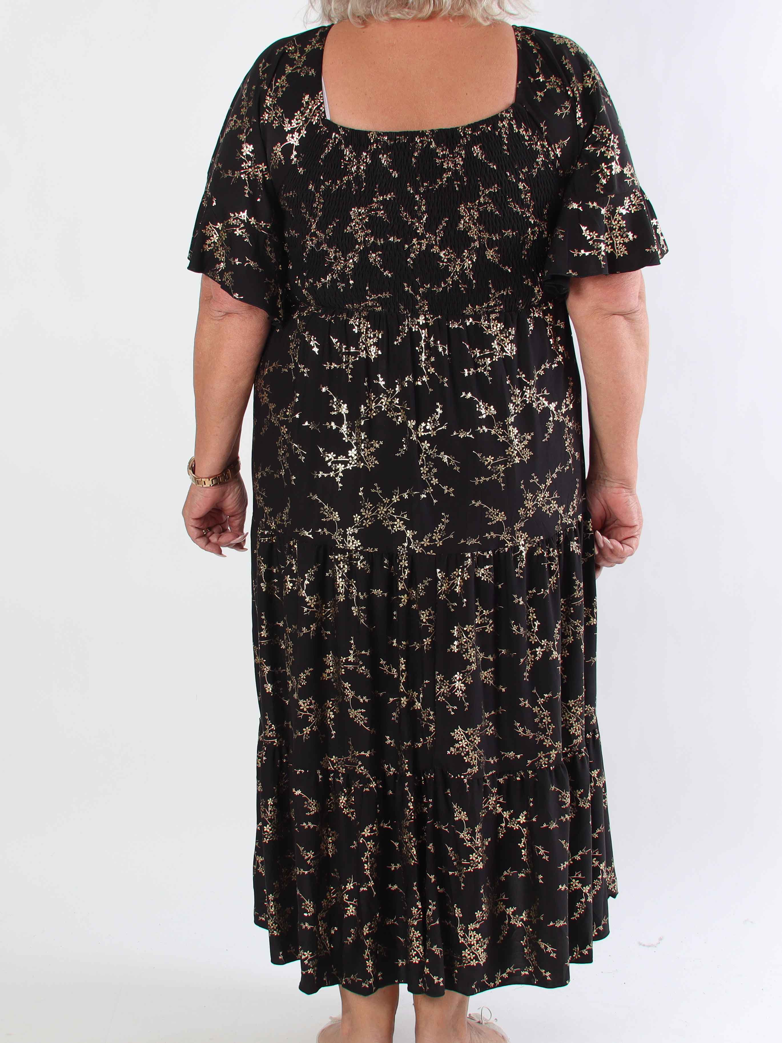 Elna Gold - Enfärgad plus size klänning med resår och guldmönster